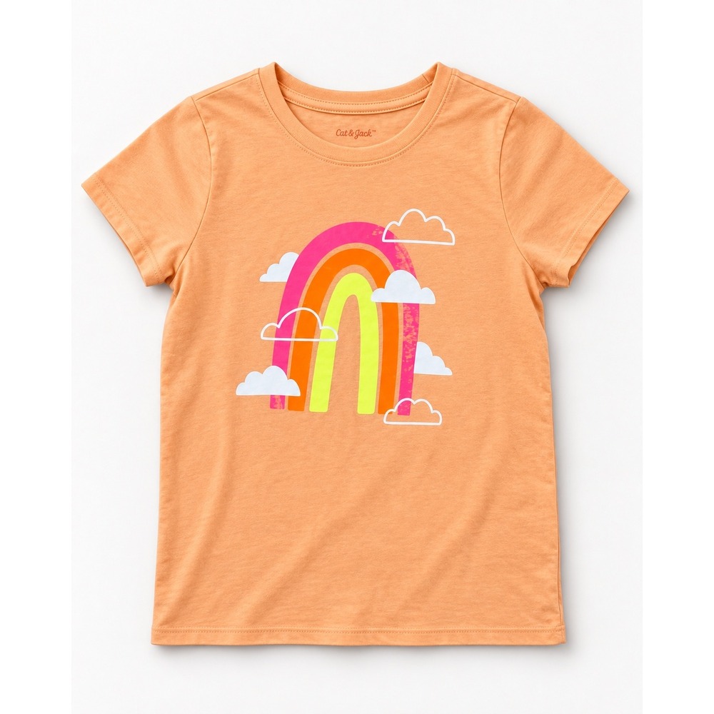 Cat & Jack Girls Orange Rainbow Cloud Graphic Tee Shirt XL 14